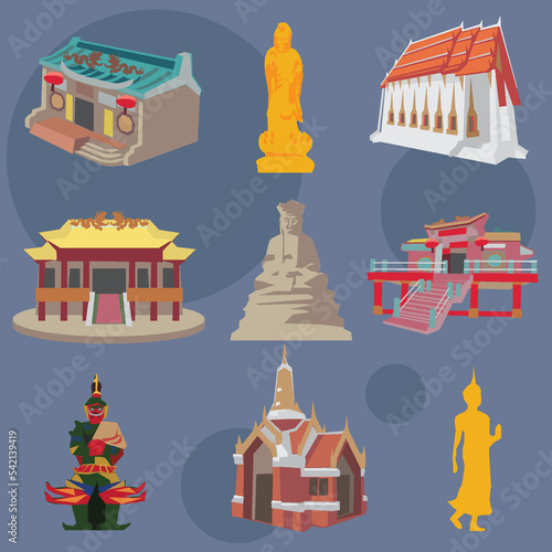 Illustration Set of shrine and temple,Thailand - Vector Illustration