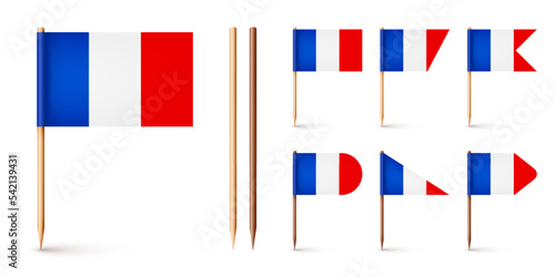 Realistic various French toothpick flags. Souvenir from France. Wooden toothpicks with paper flag. Location mark, map pointer. Blank mockup for advertising and promotions. Vector illustration