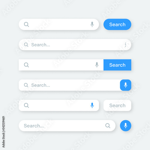 Various search bar templates. Internet browser engine with search box, address bar and text field. UI design, website interface element with web icons and push button. Vector illustration