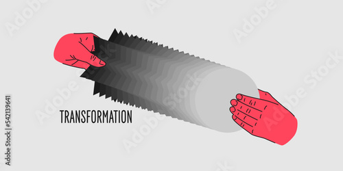 Human hands hold geometric shapes that transform into other shapes.