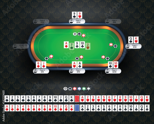 Online poker room with full deck of playing cards and poker chips. Texas Hold'em online game  concept illustration. Realistic poker table vector illustration.