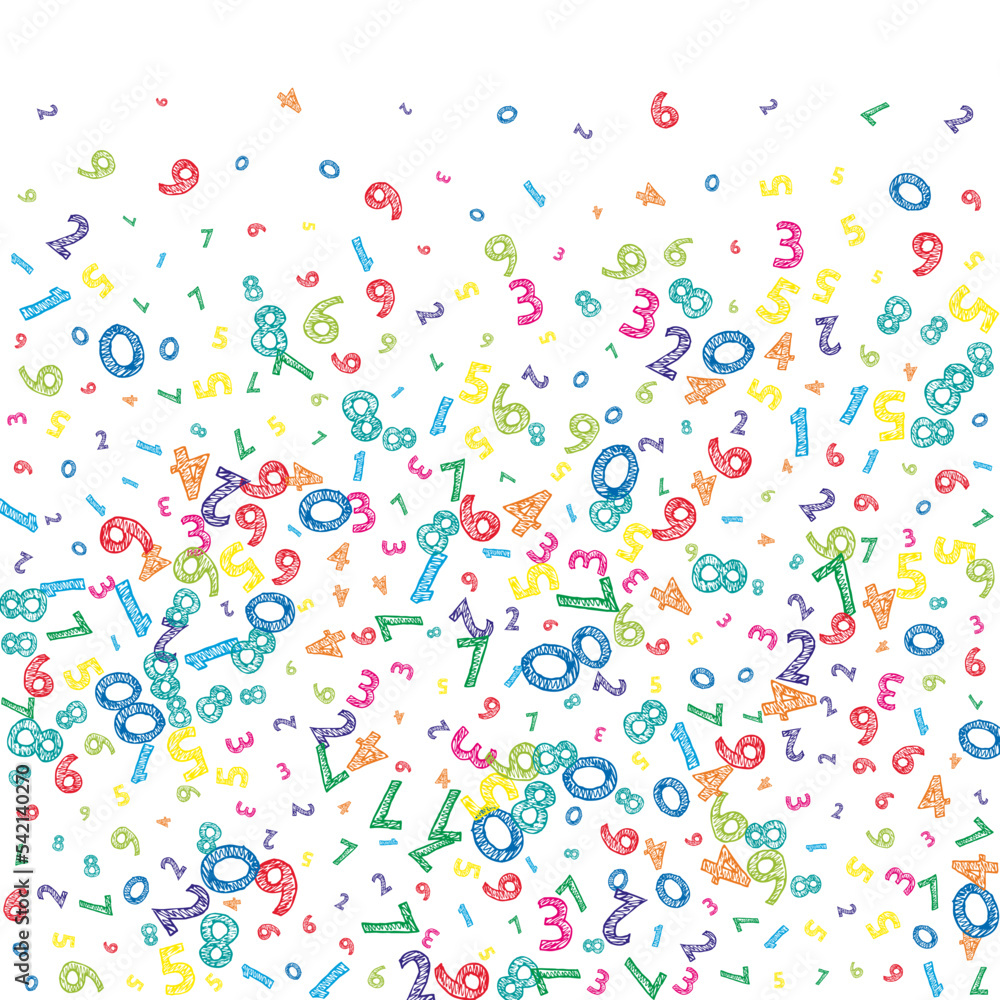 Falling colorful messy numbers. Math study concept with flying digits. Fair back to school mathematics banner on white background. Falling numbers vector illustration. Falling colorful messy numbers. Math study concept with flying digits. Fair back to school mathematics banner on white background. Falling numbers vector illustration.