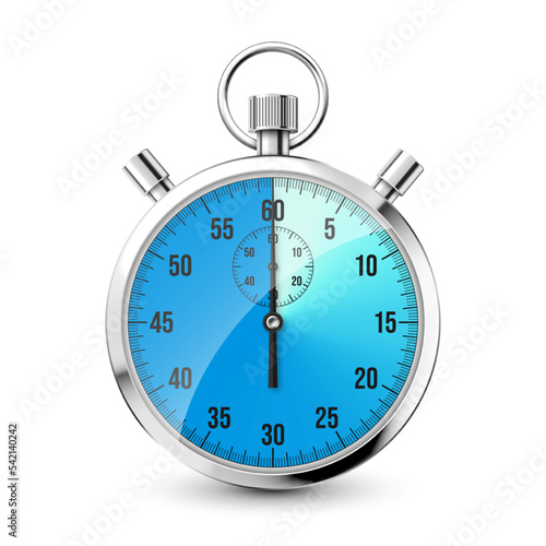 Realistic classic stopwatch icon. Shiny metal chronometer, time counter with dial. Blue countdown timer showing minutes and seconds. Time measurement for sport, start and finish. Vector illustration