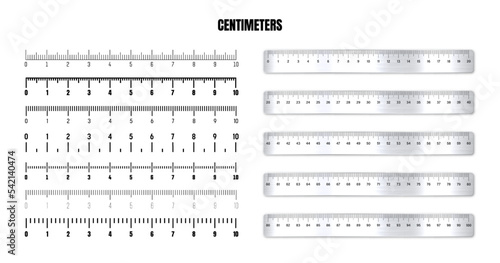Realistic metal rulers with black centimeter scale for measuring length or height. Various measurement scales with divisions. Ruler, tape measure marks, size indicators. Vector illustration