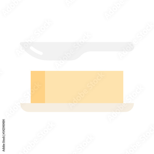 Butter Margarine icon. Brick of butter on plate with knife, milk based product.
