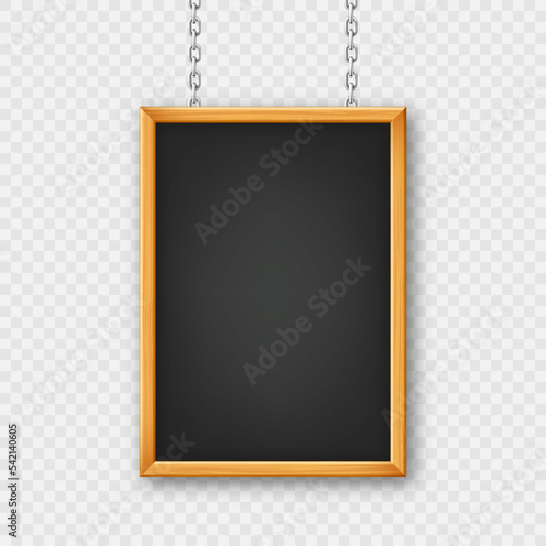 Signboard in a wooden frame hanging on a metal chain. Restaurant menu board. School chalkboard, writing surface for text or drawing. Blank advertising or presentation board. Vector illustration