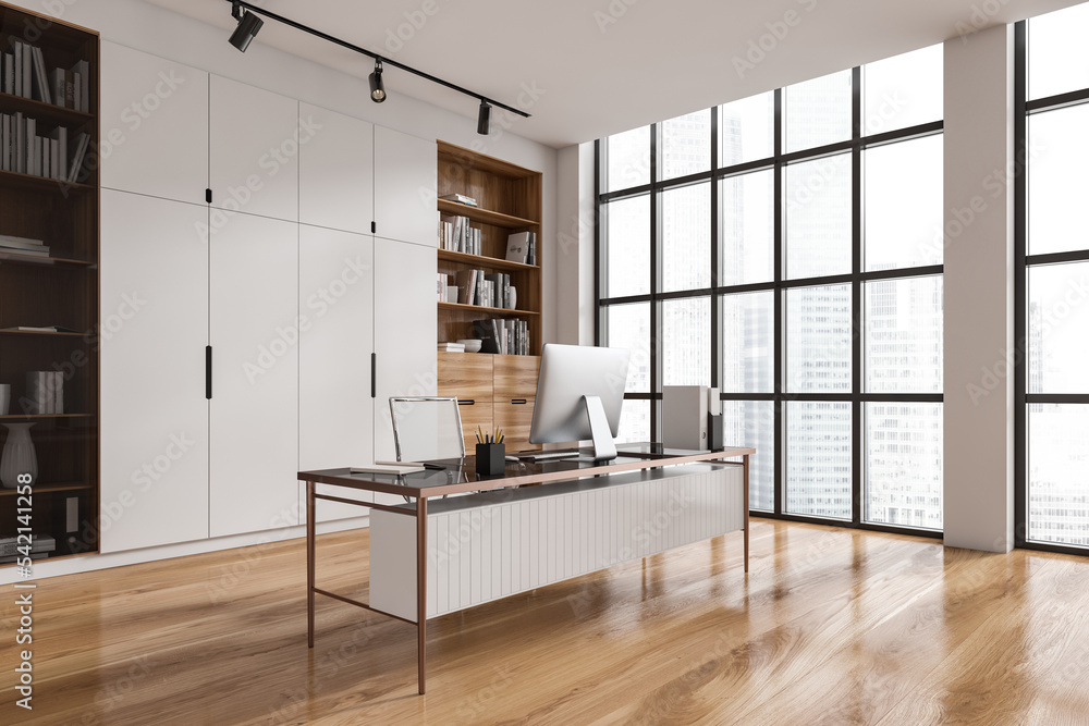 Light office interior with work desk and cabinet near panoramic window - obrazy, fototapety, plakaty 