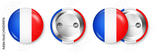 Realistic button badge with printed French flag. Souvenir from France. Glossy pin badge with shiny metal clasp. Product mockup for advertising and promotion. Vector illustration