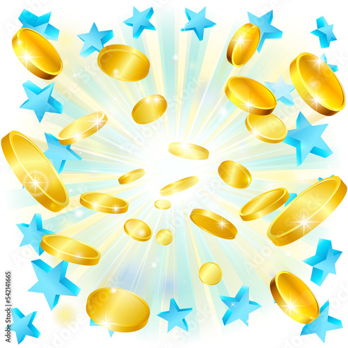 A gold flying coins money exploding jackpot concept