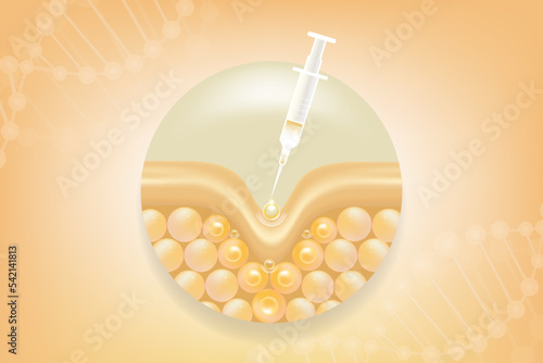 Hyaluronic acid skin solutions ad, gold collagen serum injection, cosmetic advertising background ready to use, illustration vector.	