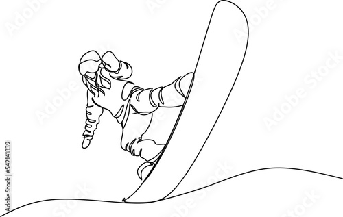 One continuous line Snowboarder jumps. Dynamical illustration.