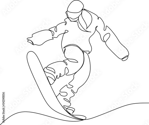 One continuous line Snowboarder jumps. Dynamical illustration.