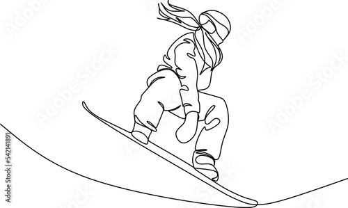 One continuous line Snowboarder jumps. Dynamical illustration.