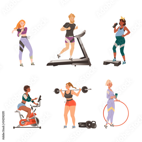 People doing sports and working out in gym set. Men and women running on treadmill, riding exercise bike, exercising with dumbbell, wiggling hula hoop vector illustration