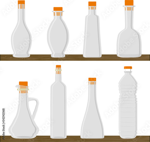 Set of empty bottles with cork for oil