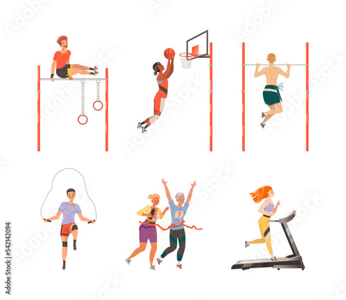 People doing sports set. Men and women running, jumping with skipping rope, exercising on bars and playing basketball vector illustration