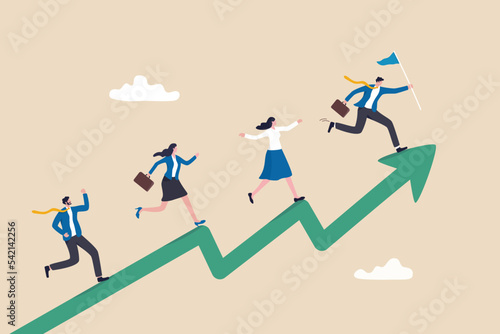 Performance management, employee rating appraisal or review, career growth or plan for improvement, career development concept, businessman and woman employees running up performance graph and chart.