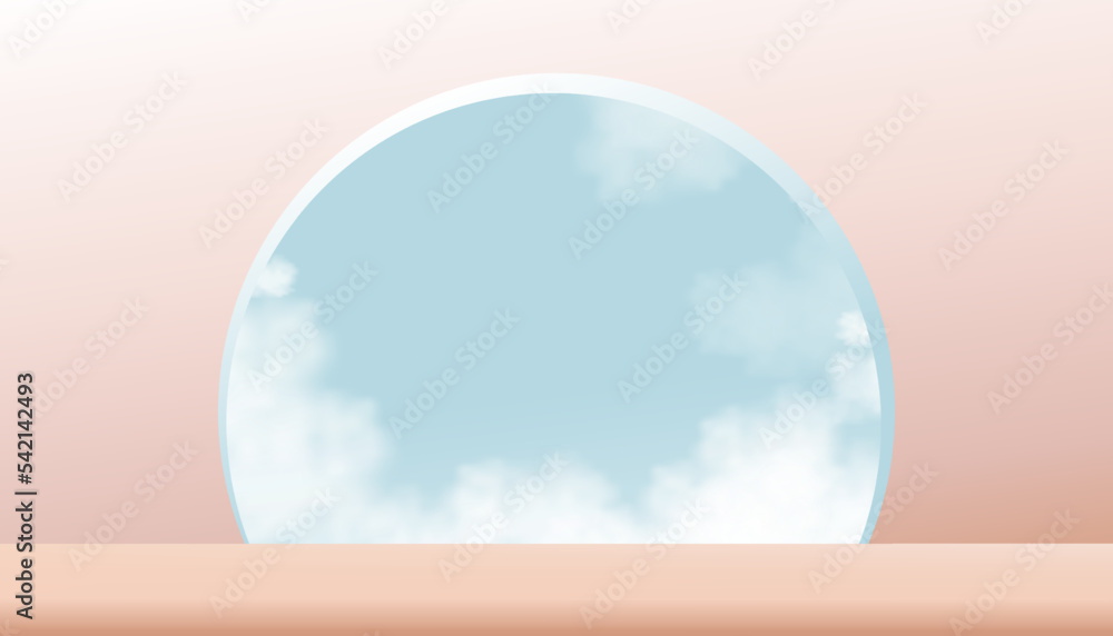 Fototapeta premium 3D podium display on beige wall background,Vector backdrop banner stand with cloud blue sky on window,Minimal mockup Studio roomfor Beauty,Cosmetic,Spa product presentation