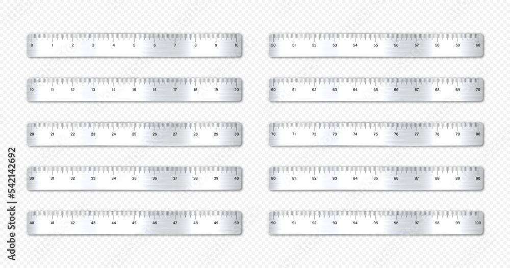 Realistic various brushed metal rulers with measurement scale and divisions, measure marks. School ruler, inch scale for length measuring. Office supplies. Vector illustration