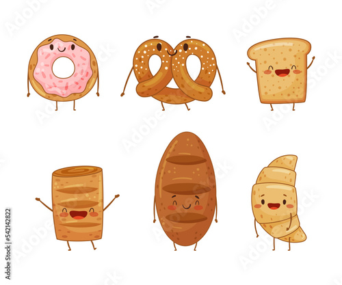 Funny bakery characters set. Pretzel, donut, loaf, croissant, toast bread cute pastries cartoon vector illustration