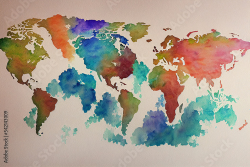 Watercolor painted colorful abstract world map. 2d illustration