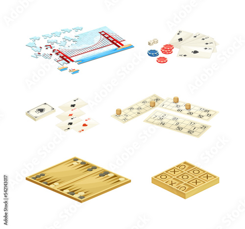 Board games set. Puzzle, scrabble, go, poker, lotto recreational and competitive game vector illustration