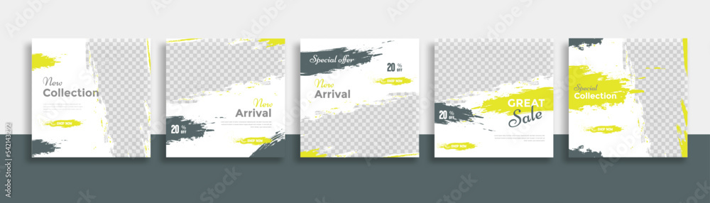 Travel Set of Editable minimal square banner template. Green yellow white background color with geometric shapes for social media post, story and web internet ads. Vector illustration
