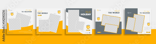 Travel Set of Editable minimal square banner template. Green yellow white background color with geometric shapes for social media post, story and web internet ads. Vector illustration
