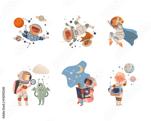 Cute kids astronauts in space suits floating in outer space set. Boys and girls dreaming about future profession vector illustration