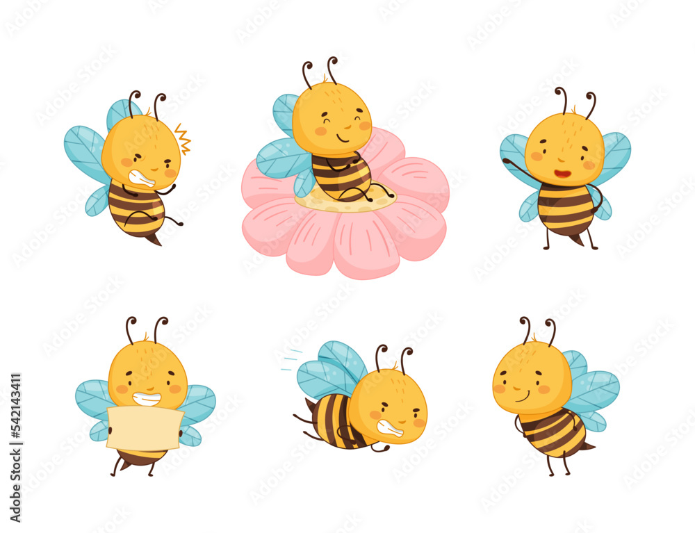 Cute funny honey bee in everyday activities set. Beekeeping and apiculture cartoon vector illustration Cute funny honey bee in everyday activities set. Beekeeping and apiculture cartoon vector illustration