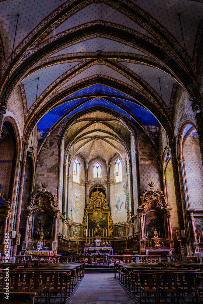 View on the interior of the medieval gothic collegial church Saint Vincent in the village of Montreal in the south of France (Aude)