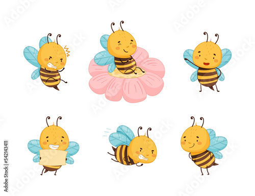 Cute funny honey bee in everyday activities set. Beekeeping and apiculture cartoon vector illustration