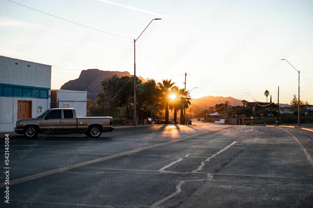 Beautiful shot of an empty street at golden hour in Superior, Arizona