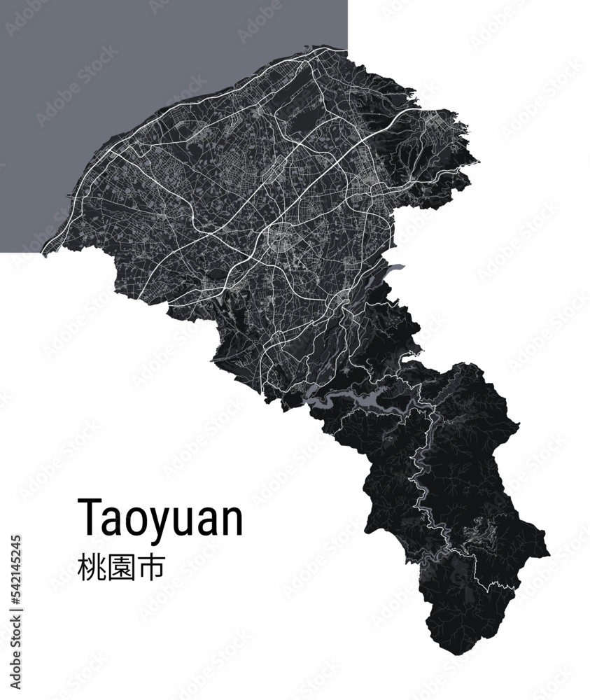 Taoyuan vector map. Detailed black map of Taoyuan city poster with roads. Cityscape urban vector.