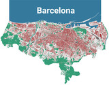 Barcelona map. Detailed map of Barcelona city administrative area. Cityscape urban panorama. Outline map with buildings, water, forest.