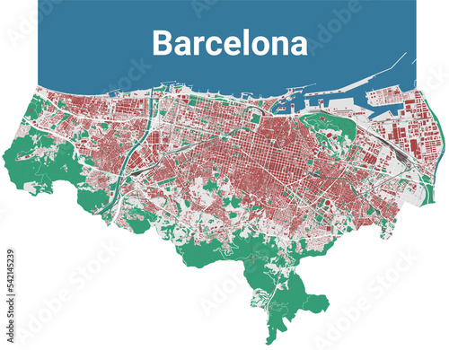 Barcelona map. Detailed map of Barcelona city administrative area. Cityscape urban panorama. Outline map with buildings, water, forest.