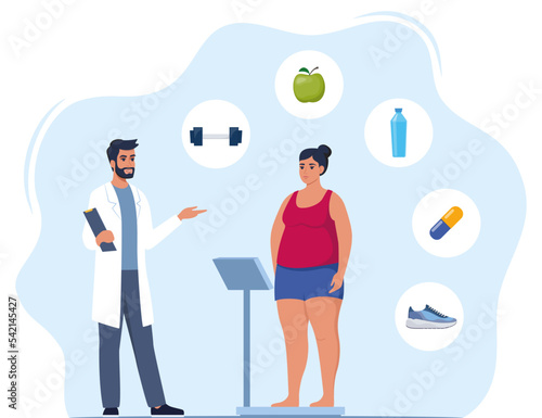 Fat woman standing on weigh scales. Doctor explain about health and how to loose weight, Obese patient, fat control instruction, diabetes patient, control calories, sports. Vector illustration.