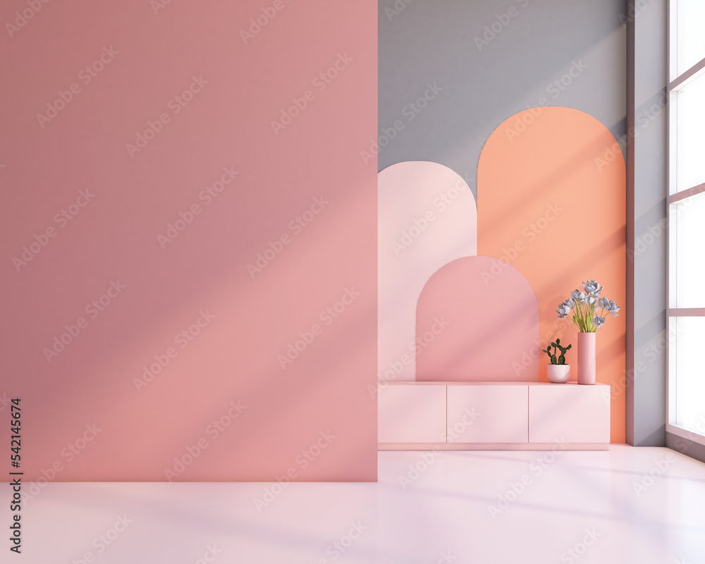 Empty room with minimal interior design and sideboard, pattern arch color wall and light pink floor.3d rendering Empty room with minimal interior design and sideboard, pattern arch color wall and light pink floor.3d rendering