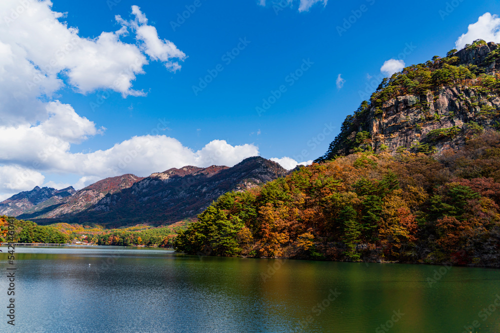 lake and mountains at Sanjeong lake around Mt. Myongsungsan, Pocheon, Kyonggido, Korea lake and mountains at Sanjeong lake around Mt. Myongsungsan, Pocheon, Kyonggido, Korea