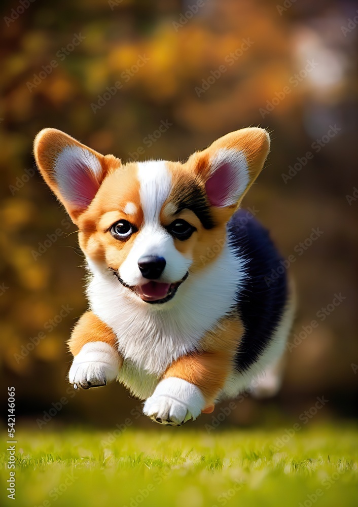Happy corgi running, green park background 3d render 