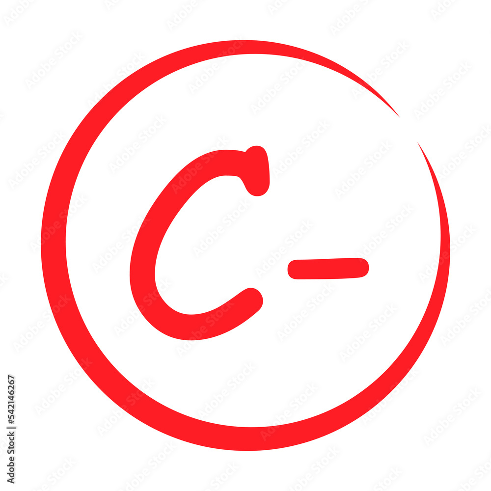 Grade result C minus. Hand drawn icon in red color. Test exam mark report vector illustration