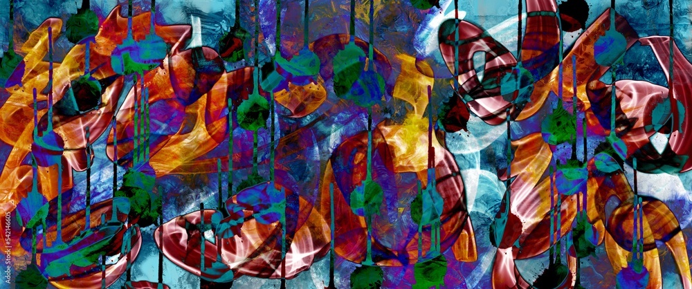 chaos of colors on abstract background, pattern painted by multi-colored brush strokes, hand-drawn fluid modern art.
