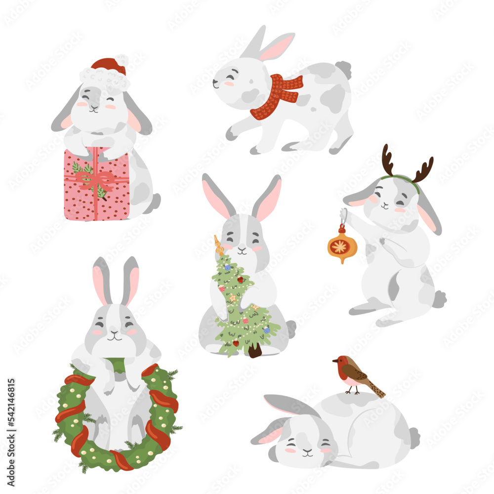 Cute Christmas rabbit, bunny, hare collection. Happy new year 2023. Chinese Lunar New Year 2023, year of the rabbit. Vector cartoon illustration. Cute Christmas rabbit, bunny, hare collection. Happy new year 2023. Chinese Lunar New Year 2023, year of the rabbit. Vector cartoon illustration.