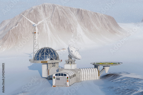 Modern Remote Antarctic Research Polar Station on the Mountains Background. 3d Rendering photo