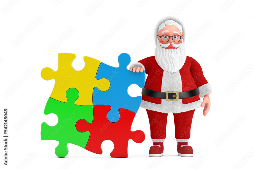 Cartoon Cheerful Santa Claus Granpa with Four Pieces of Colorful Jigsaw Puzzle. 3d Rendering Cartoon Cheerful Santa Claus Granpa with Four Pieces of Colorful Jigsaw Puzzle. 3d Rendering