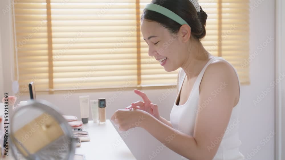 Asia Gen Z influencer youtuber girl live talk on IG instagram reel tiktok story selfie blog skin care vlog. Young woman beauty blogger page vlogger record video home camera showing side hustle skill. Asia Gen Z influencer youtuber girl live talk on IG instagram reel tiktok story selfie blog skin care vlog. Young woman beauty blogger page vlogger record video home camera showing side hustle skill.