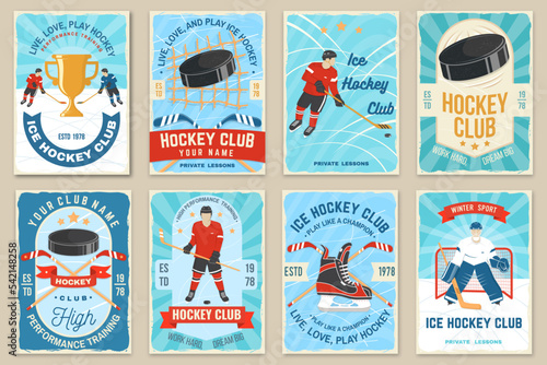 Ice Hockey club flyer, brochure, banner, poster. Concept for shirt or logo, print, stamp or tee. Winter sport. Vintage typography design with player, sticker, puck and skates silhouette. Vector.
