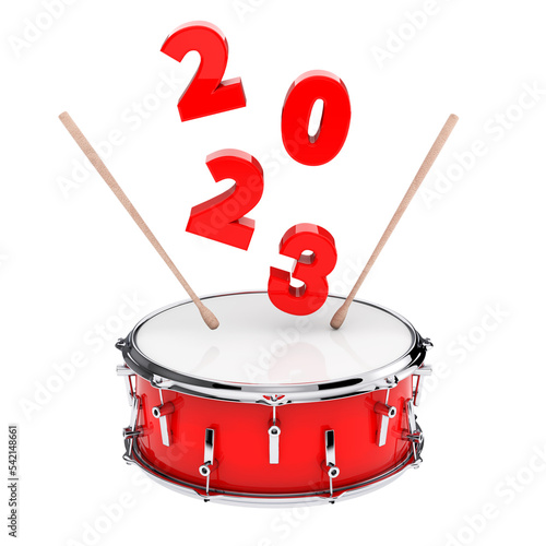 Red Snare Drum with Pair of Drum Sticks and 2023 New Year Sign. 3d Rendering