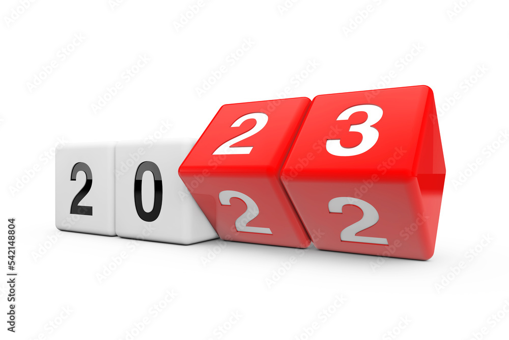 Blocks with the transition from year 2022 to 2023 . 3d Rendering Blocks with the transition from year 2022 to 2023 . 3d Rendering