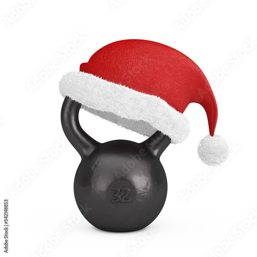 Iron Kettlebell With Red Santa Claus Hat. 3d Rendering